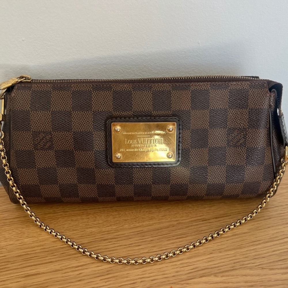 Louis Vuitton Brown Checkered Clutch with Gold Accents